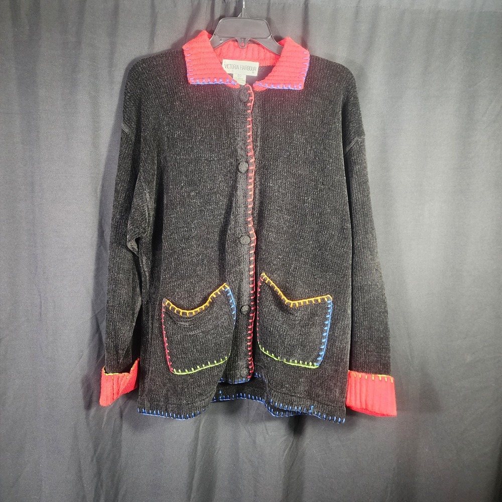 Womens Cardigan‎ Sweater L Grey Chenille Whipstitch Art Wear Grannycore Eclectic